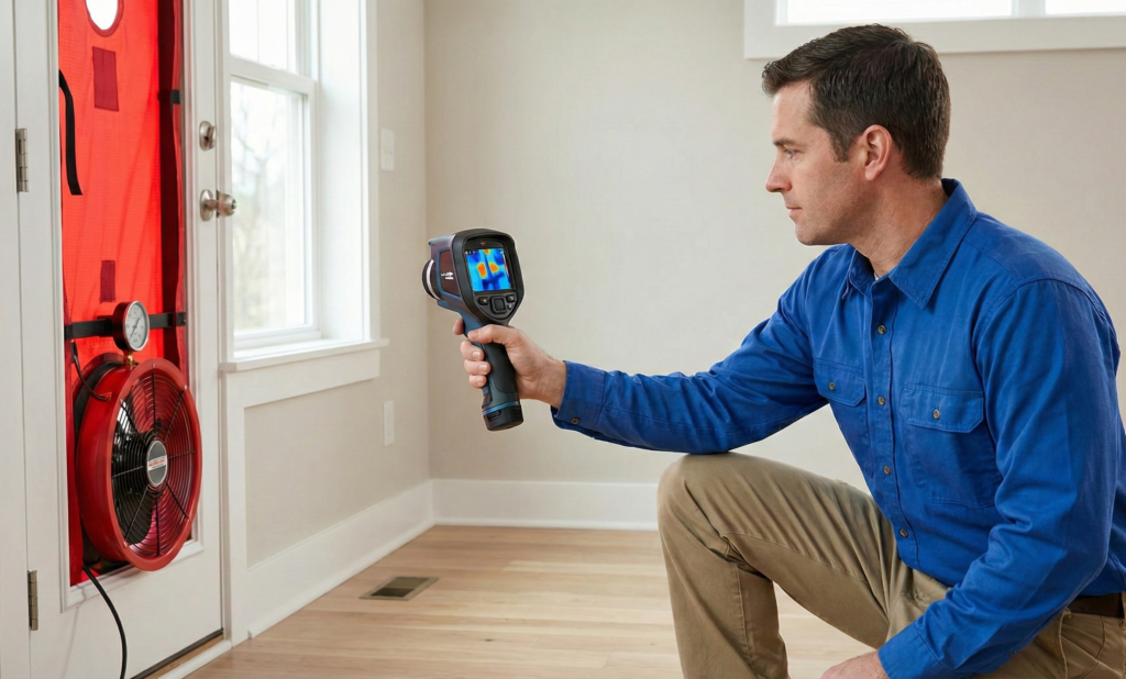 technician using an infrared camera during a blower door test