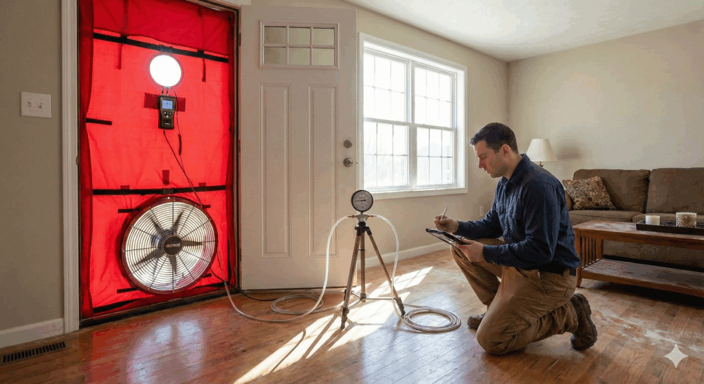 technician setting up a blower door test in a home