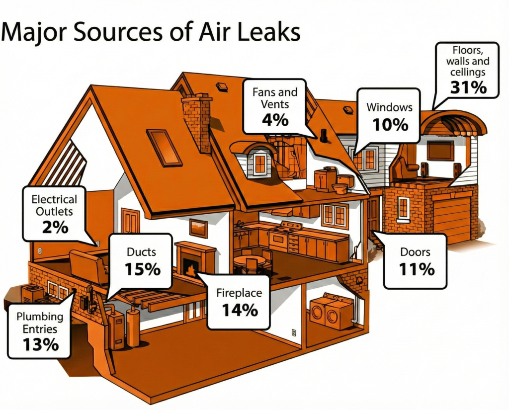 Graphic of a home with illustrations of the different areas where air typically leaks